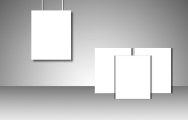 Gri arka plan üzerinde boş beyaz posterler