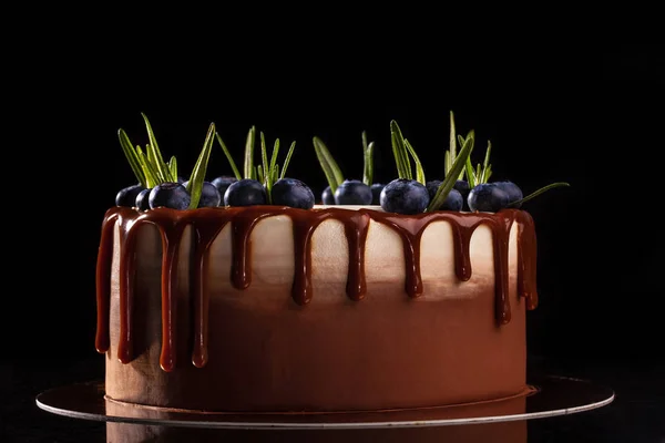 Κέικ σοκολάτας με βατόμουρα σε μαύρο φόντο, διακοσμημένο με μικρά πράσινα φύλλα και φρέσκα μούρα — Φωτογραφία Αρχείου