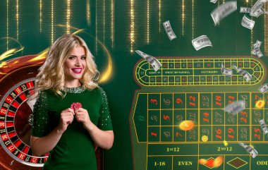 Casino rulet görüntülerle ve kadın ile kolaj elinde fiş