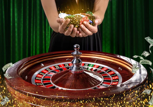 Collage of casino images with a close-up vibrant image of multicolored casino roulette table with poker chips in woman hands.