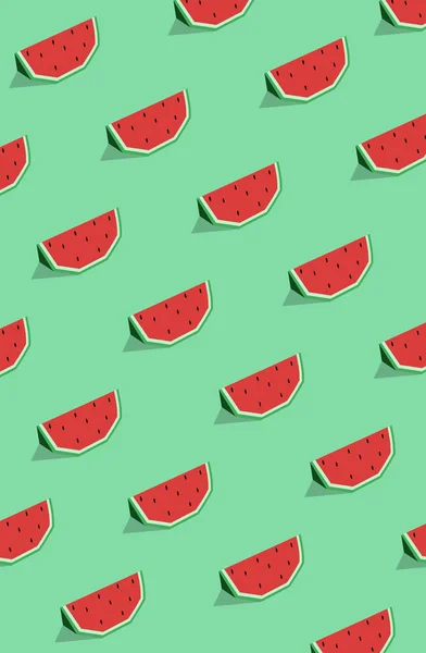Varrat nélküli mintát görögdinnye szeletek a magok a zöld háttér. — Stock Fotó