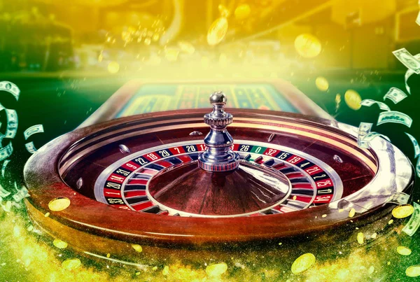 Collage of casino images with a close-up vibrant image of multicolored casino roulette table with poker chips — Stock Photo, Image