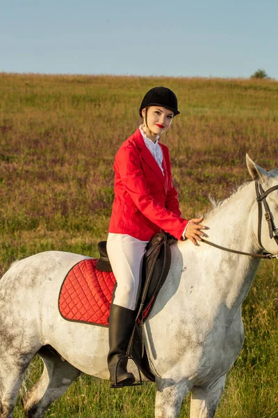 The horsewoman on a red horse. Horse riding. Horse racing. Rider on a horse. — Stock Photo, Image
