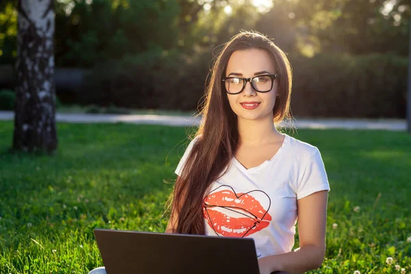 在公园的绿色草的年轻妇女使用计算机。教育学习或自由工作户外或放松概念的想法背景。太阳耀斑 — 图库照片