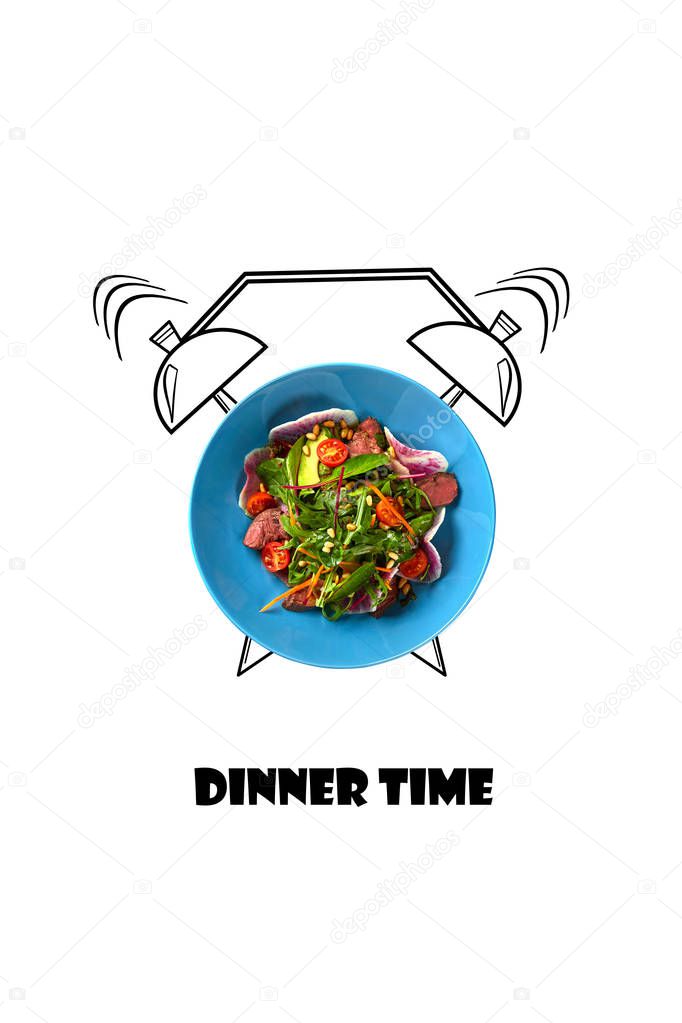 Salad on plate with alarm clock. Dinner time concept. Food illustration isolated on white background.