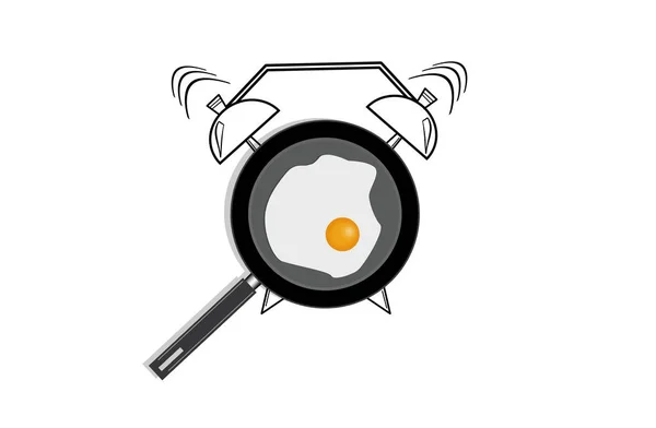 实际例证的平底锅与煎蛋和手被绘的闹钟在白色背景隔绝了。顶部视图. — 图库照片