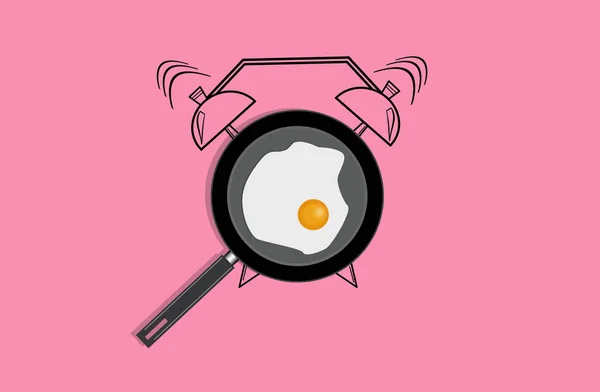 实际例证的平底锅与煎蛋和手被绘的闹钟在粉红色背景。顶部视图. — 图库照片