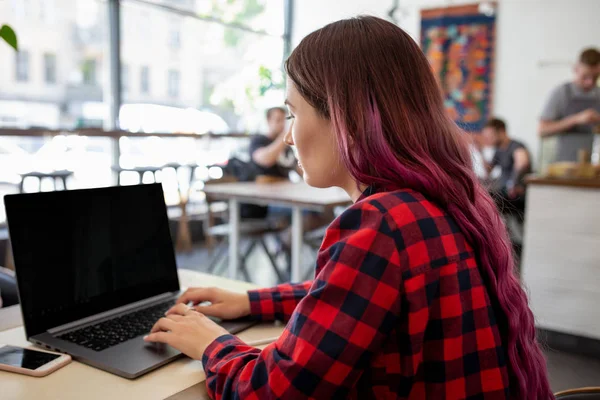 Arkadan görünüşü kafede otururken boş kopya alanı ekranlı dizüstü bilgisayarda klavye bir genç pembe saçlı kadın. — Stok fotoğraf