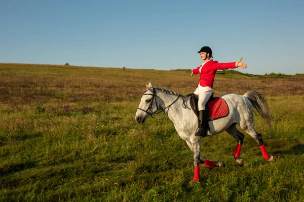 The horsewoman on a red horse. Horse riding. Horse racing. Rider on a horse. — Stock Photo, Image