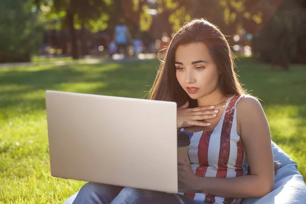 Jolie jeune femme assise sur un sac de haricots utiliser un ordinateur portable tout en se reposant sur l'herbe dans le parc au soleil — Photo