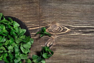 Ahşap arka plan üzerinde taze nane yaprakları. Üstten görünüm. Kopya alanı