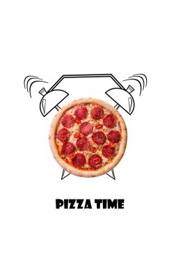 El çizilen illüstrasyon izole beyaz arka plan üzerinde pizza ve çalar saat. Yazıt Pizza zamanı.