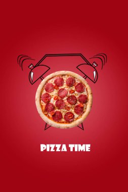 Pizza ve çalar saat çizilen illüstrasyon kırmızı zemin üzerine ver. Yazıt Pizza zamanı.