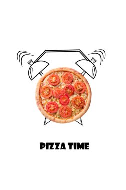 El çizilen illüstrasyon izole beyaz arka plan üzerinde pizza ve çalar saat. Yazıt Pizza zamanı.