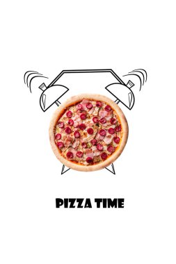 El çizilen illüstrasyon izole beyaz arka plan üzerinde pizza ve çalar saat. Yazıt Pizza zamanı.