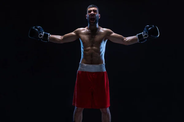 Orientalischer Boxer feiert seinen Sieg mit erhobenen Armen in schwarzen Handschuhen. — Stockfoto