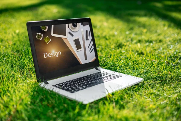 Laptop with advertising screen on the background green grass, outdoor office. Design concept. Business idea.