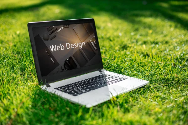 Laptop with advertising screen on the background green grass, outdoor office. Design concept. Business idea.