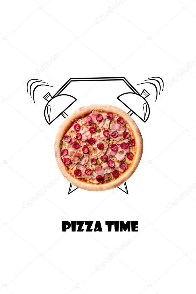Pizza and alarm clock hand drawn illustration isolated on white background. The inscription Pizza time.