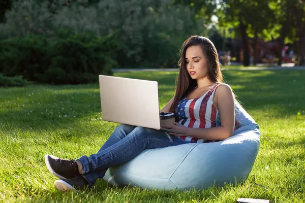 Молодая симпатичная девушка с ноутбуком, сидит на фасолевом пакете в саду или парке, на зеленой траве. Концепция покупок — стоковое фото
