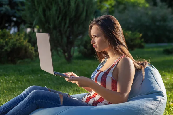 Jeune fille mignonne avec ordinateur portable, assis sur un sac de haricots dans le jardin ou le parc, sur l'herbe verte. Concept d'achat en ligne — Photo