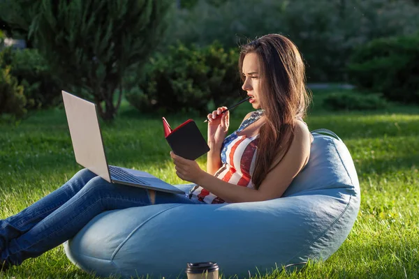 Menina bonito nova com laptop, sente-se no saco de feijão no jardim ou parque, na grama verde. Conceito de estilo de vida moderno — Fotografia de Stock
