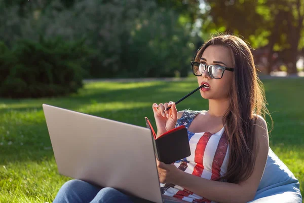 Молодая симпатичная девушка с ноутбуком, сидит на фасолевом пакете в саду или парке, на зеленой траве. Современный образ жизни — стоковое фото