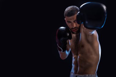 Adam bir rakip isabet. Avcı çıplak gövde ve boks eldivenleri kameraya bakarak ile duruldu. Kazanmak.