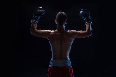 Arkadan adam boksör zafer jest olarak kaldırdı elleriyle görünüşü. Zor spor, zafer ve başarı kavramı.