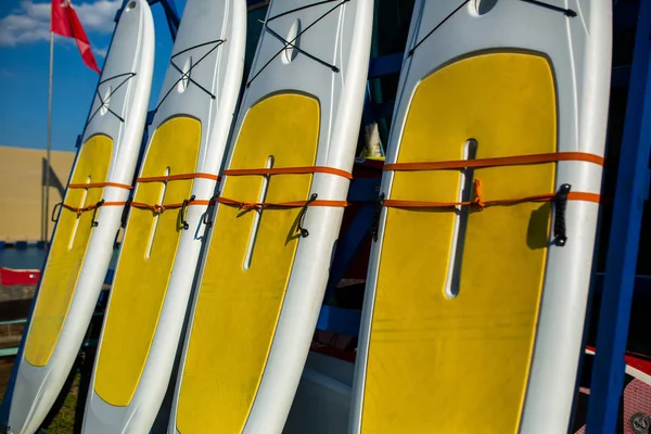 Sárga és fehér szörfdeszkák állni a parton. — Stock Fotó