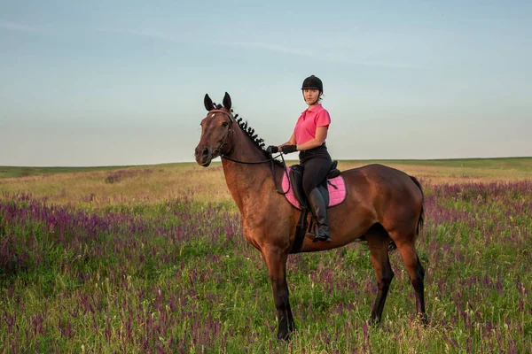 Horsewoman jockey in uniform riding horse outdoors — Stock Photo, Image