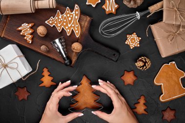 Krema şeker ile gingerbread Noel çerezleri dekorasyon kadın. Noel hazırlıkları kavramı. Kopya alanı ile üstten görünüm.