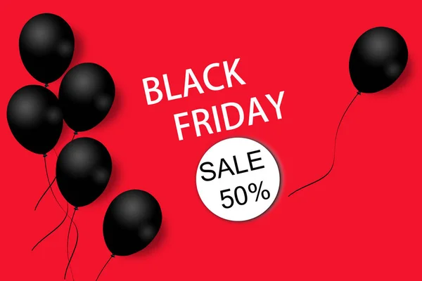 Black Friday sale background template. Red background with black balloons for seasonal discount offer. Illustration.