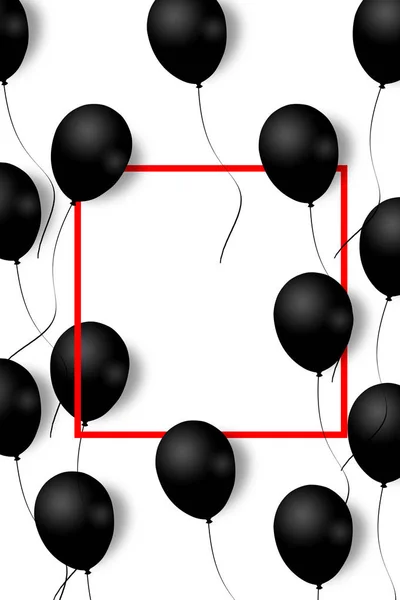Vackra svarta ballonger slumpmässigt flyga över röd ram. Party elegant bakgrund med utrymme för text. Röd ram, ballonger. — Stockfoto