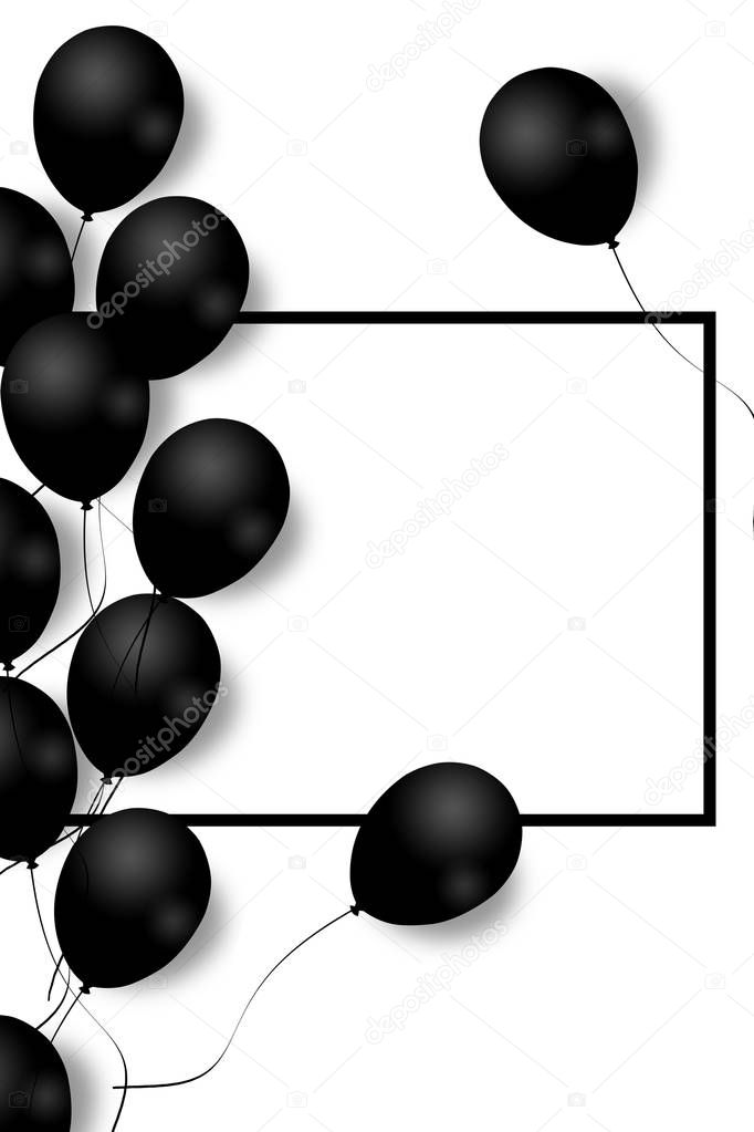 Beautiful black balloons randomly flying over black frame. Party elegant background with space for text. Black frame, balloons.