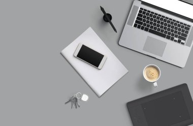 Dizüstü bilgisayar, smartphone ile bir dizüstü bilgisayar ve kahve siyah perde ile ofis resepsiyon masası. Üstten görünüm kopya alanı, düz ile yatıyordu.