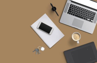 Dizüstü bilgisayar, smartphone ile bir dizüstü bilgisayar ve kahve siyah perde ile ofis resepsiyon masası. Üstten görünüm.