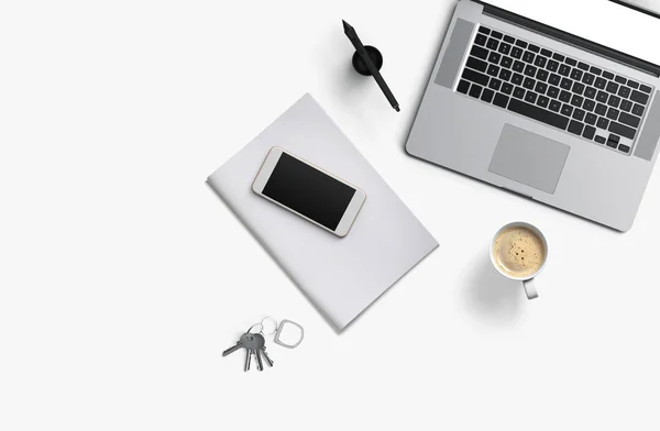 Mesa de escritorio de oficina con ordenador portátil, smartphone con pantalla negra sobre un portátil y una taza de café. Vista superior . —  Fotos de Stock