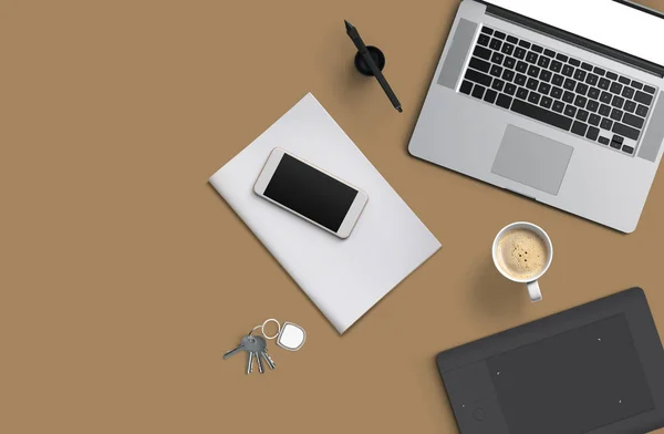 Office desk table with laptop computer, smartphone with black screen over a notebook and cup of coffee. Top view. — Stock Photo, Image