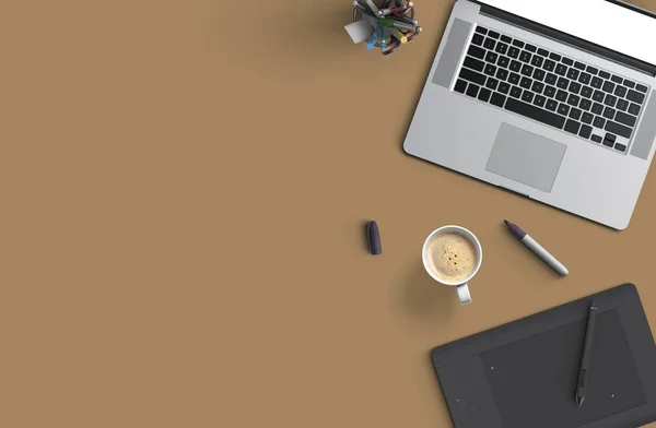 Office desk table with laptop computer, smartphone with black screen over a notebook and cup of coffee. Top view.