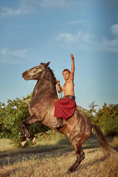 Stilig man cowboy rider på en häst - bakgrund av himmel och träd — Stockfoto