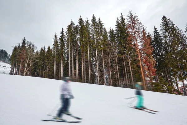 Панорама горнолыжного курорта, склон, люди на подъемнике, лыжники на склоне среди зеленых сосен и снежных копьев . — стоковое фото