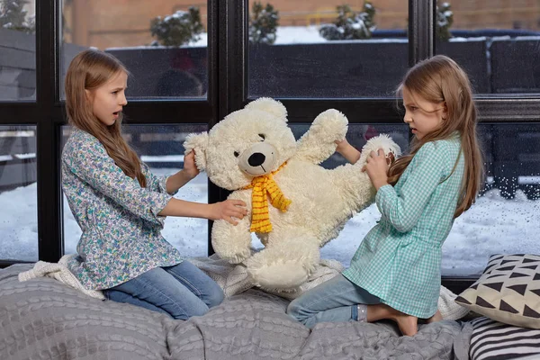Obrázek dvou roztomilé sestřičky bojují za velký medvídek — Stock fotografie