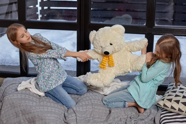 Изображение двух милых сестричек, борющихся за большого игрушечного медведя — стоковое фото
