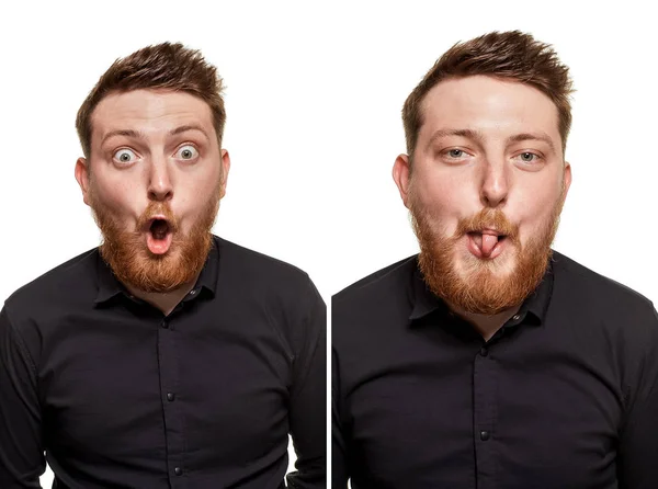 Brutale, aantrekkelijk, bebaarde man poses in een zwart shirt, geïsoleerd op een witte achtergrond — Stockfoto