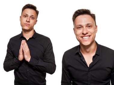 Poz ve beyaz bir arka plan üzerinde izole kamera bakarak şık genç adam