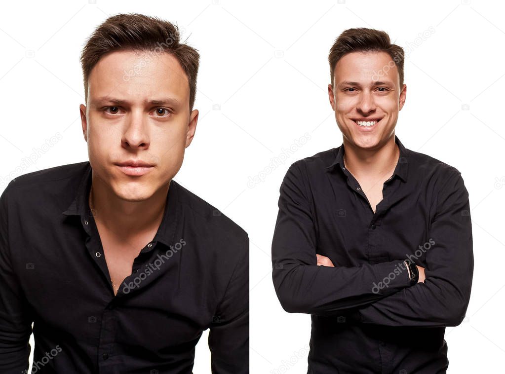 Stylish young man posing and looking at the camera, isolated on a white background