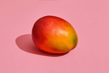Renkli meyve desen mercan pembe arka plan, üstten görünüm üzerinde taze bütün mango