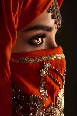 Payetler ve takılar ile süslenmiş terracotta hijab giyen genç bir büyüleyici kadın stüdyo çekim. Arap tarzı.