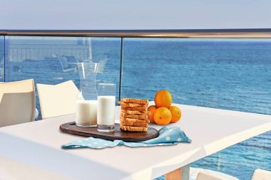 İki kişilik masa, açık hava otel balkonunda deniz manzaralı bir kahvaltıyla servis edilecek..